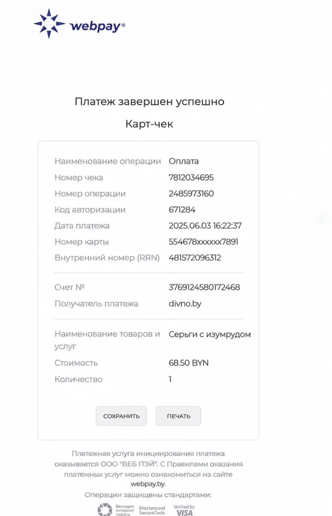 Пример чека оплаты